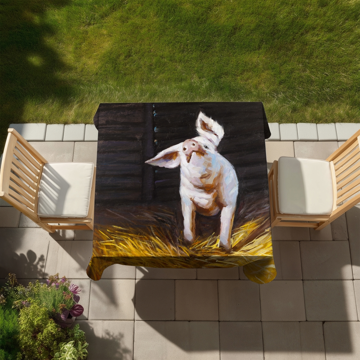 Picture of Begin Home Decor C1TC5858QO4SR7 58 x 58 in. Happy Pig Farm Animals Tablecloth - Brown Indoor & Outdoor Decor