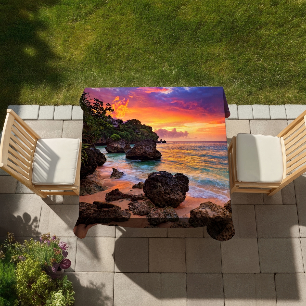 Picture of Begin Home Decor C1TC5858YXKZ0W 58 x 58 in. Rainbow Island Tablecloth - Indoor & Outdoor Home Decor