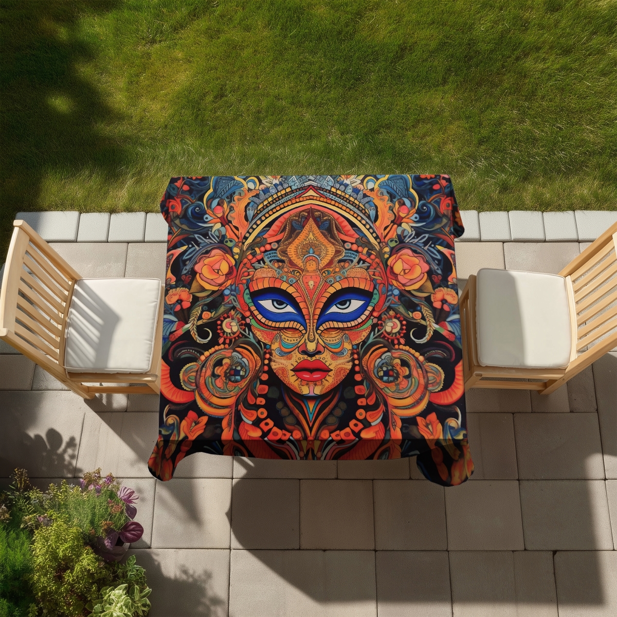 Picture of Begin Home Decor C1TC5858V6NLM0 58 x 58 in. Aztec Face Blue Tablecloth - Indoor & Outdoor Home Decor