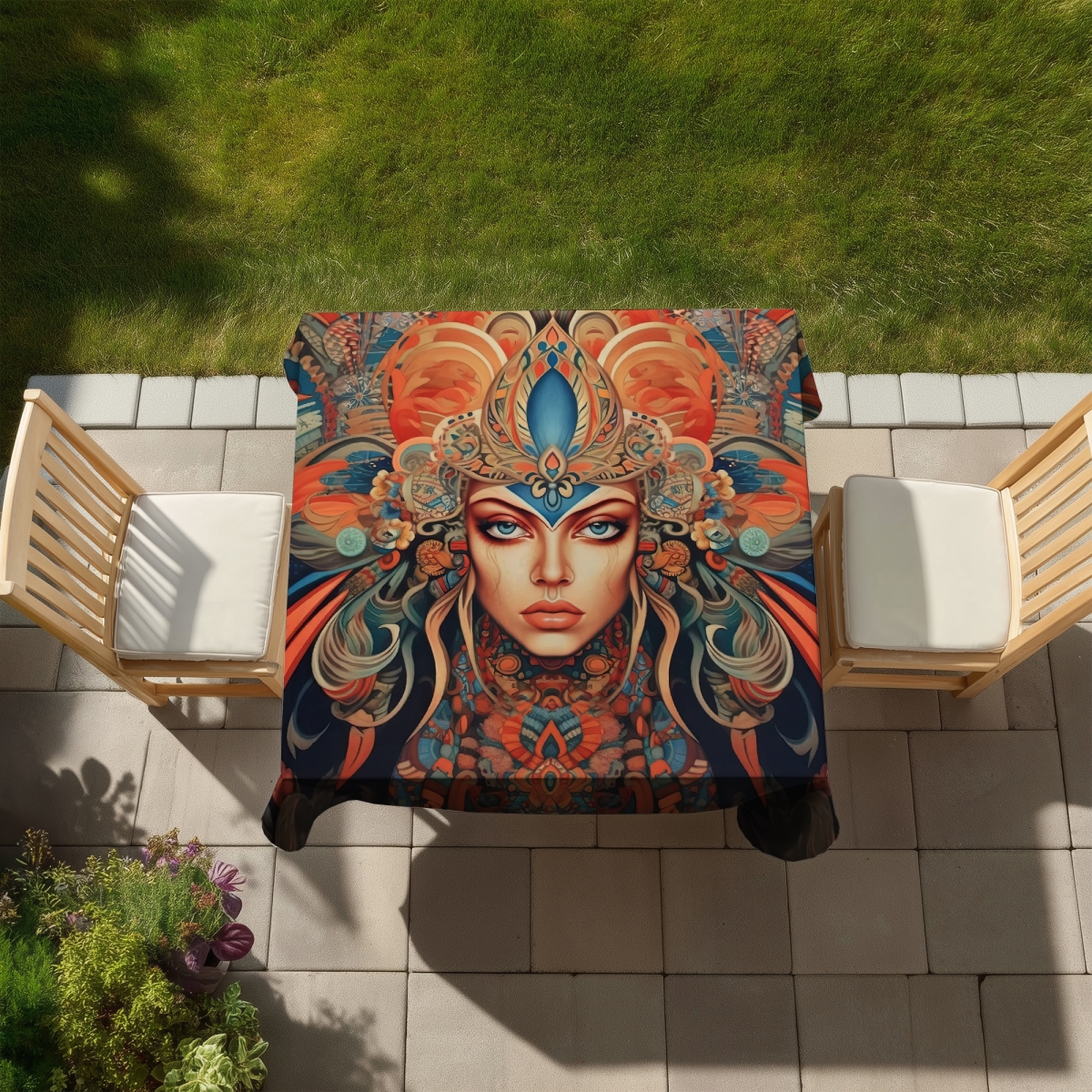Picture of Begin Home Decor C1TC5858IT1MUU 58 x 58 in. Ancient Goddess Abstract Blue Tablecloth - Indoor & Outdoor Decor