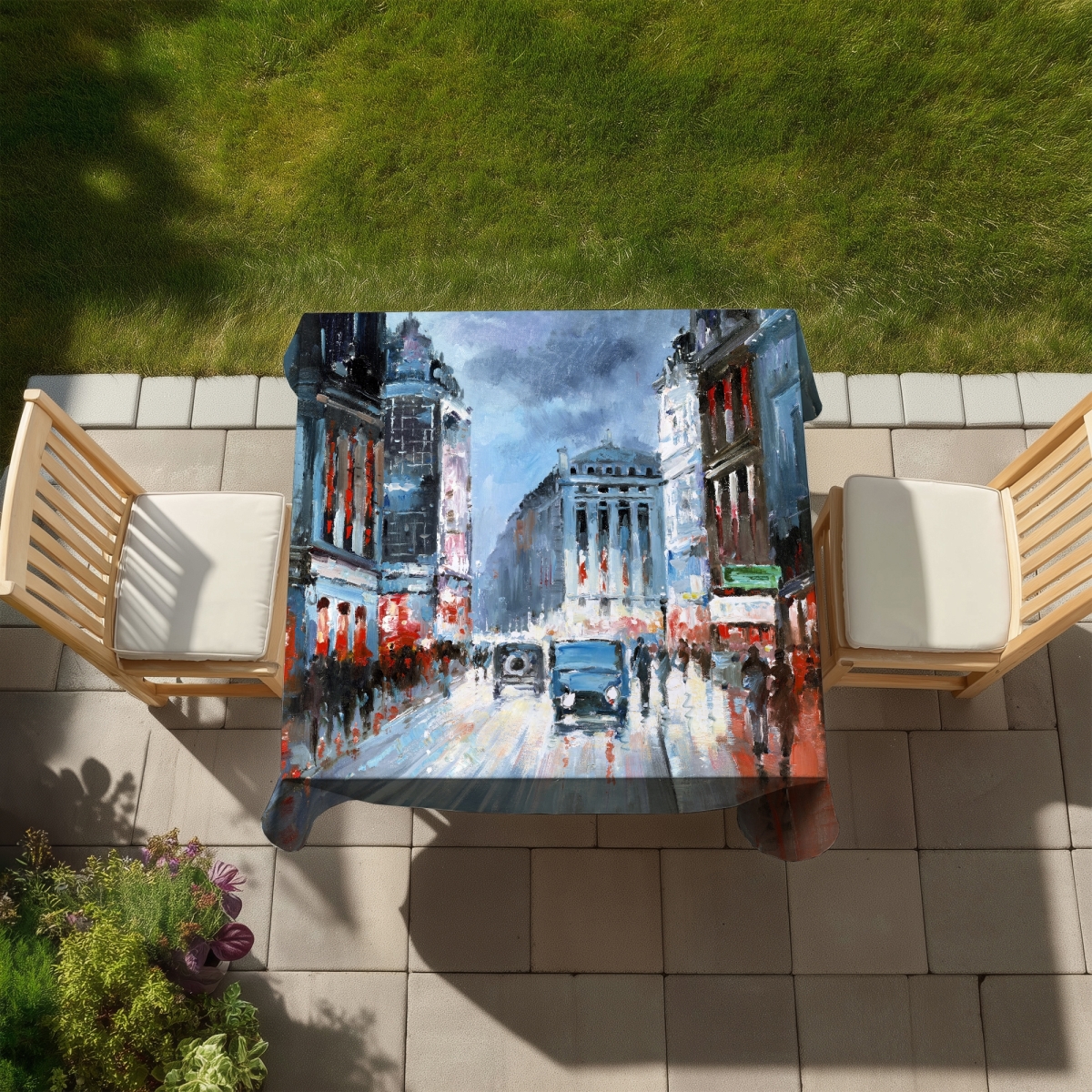 Picture of Begin Home Decor C1TC5858F4EGNG 58 x 58 in. Abstract Red Blue City Tablecloth - Indoor Outdoor Home Decor