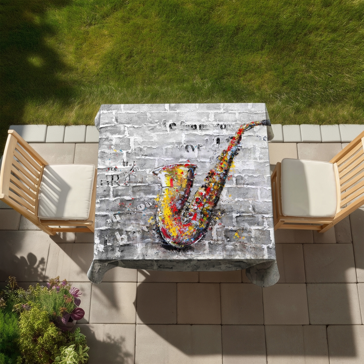 Picture of Begin Home Decor C1TC5858RD7RED 58 x 58 in. Instrument Gray Saxophone Graffiti Tablecloth - Indoor & Outdoor