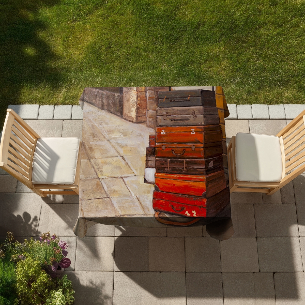 Picture of Begin Home Decor C1TC5858VSLUBY 58 x 58 in. Contemporary Brown Suitcase Tablecloth - Indoor Outdoor Decor