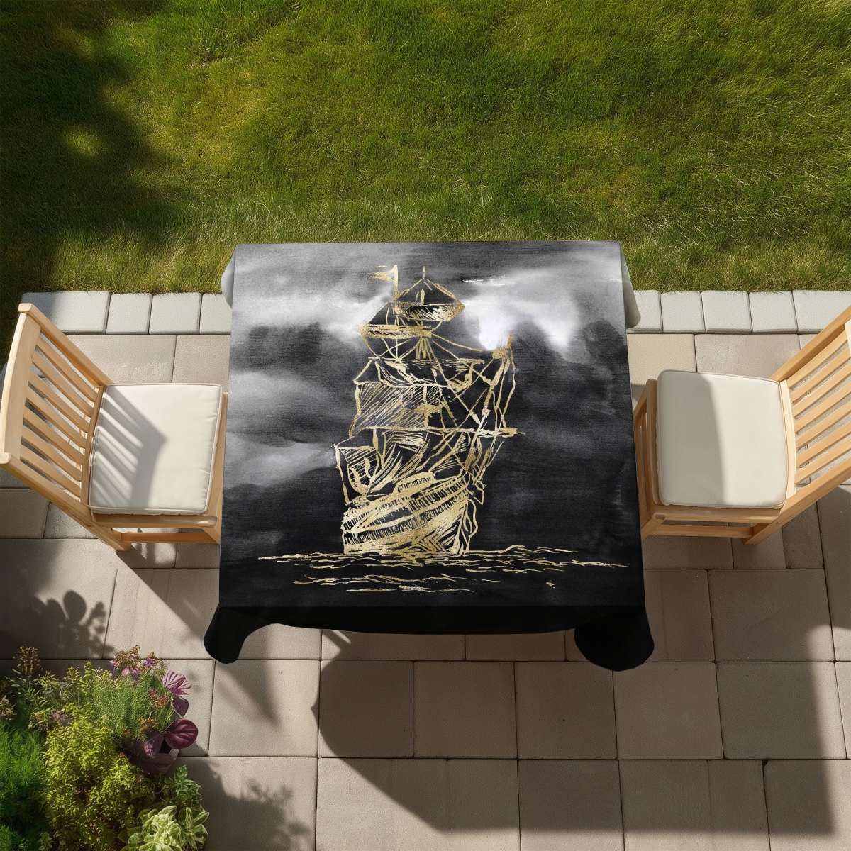 Picture of Begin Home Decor C1TC585841D3YC 58 x 58 in. Sailing Little Ship Tablecloth - Boat Illustration Home Decor