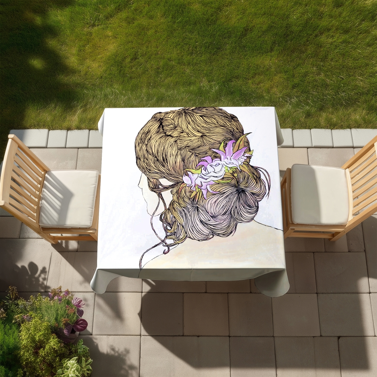 Picture of Begin Home Decor C1TC5858AQBH5B 58 x 58 in. Flowers Tablecloth - Blond Woman with Flowers - Indoor & Outdoor
