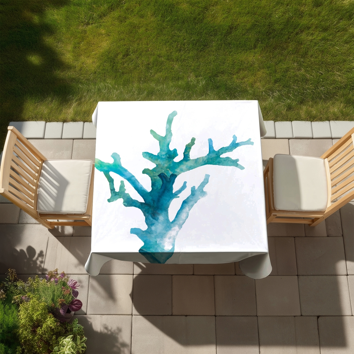 Picture of Begin Home Decor C1TC5858OM0JU0 58 x 58 in. Watercolor Sea Coral Tablecloth - Coastal Scandinavian Decor