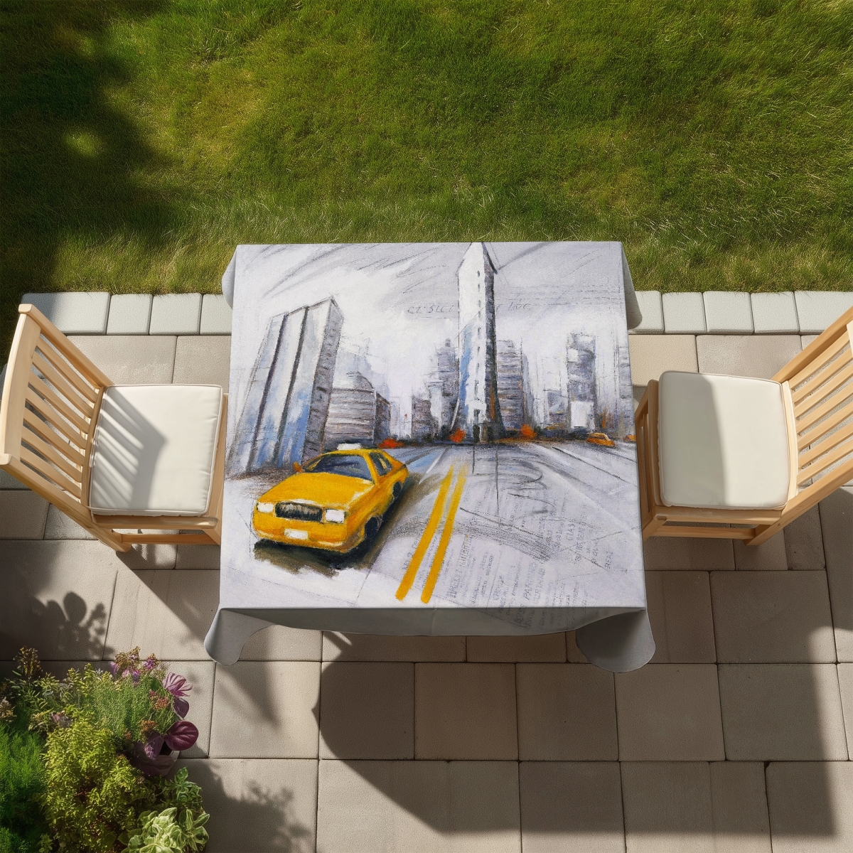 Picture of Begin Home Decor C1TC5858XVPK75 58 x 58 in. Yellow Taxi City Sketch Tablecloth - Indoor & Outdoor Home Decor