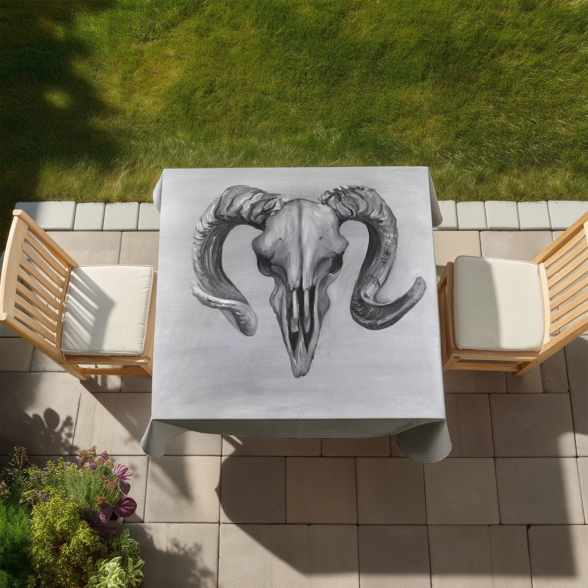Picture of Begin Home Decor C1TC5858RF9I9U 58 x 58 in. Gray Monochrome Farm Animal Tablecloth - Grayscale Aries Skull