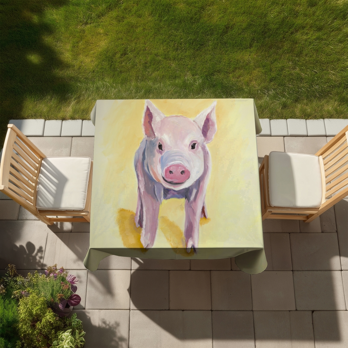 Picture of Begin Home Decor C1TC5858B9KITM 58 x 58 in. Solitary Pig Tablecloth - Yellow Farm Animal Decor - Indoor & Outdoor