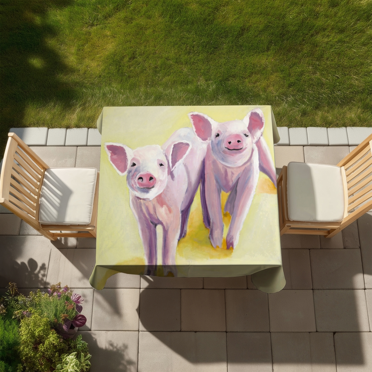 Picture of Begin Home Decor C1TC5858G3GSBS 58 x 58 in. Two Smiling Pigs Tablecloth - Farm Animals Indoor & Outdoor Decor