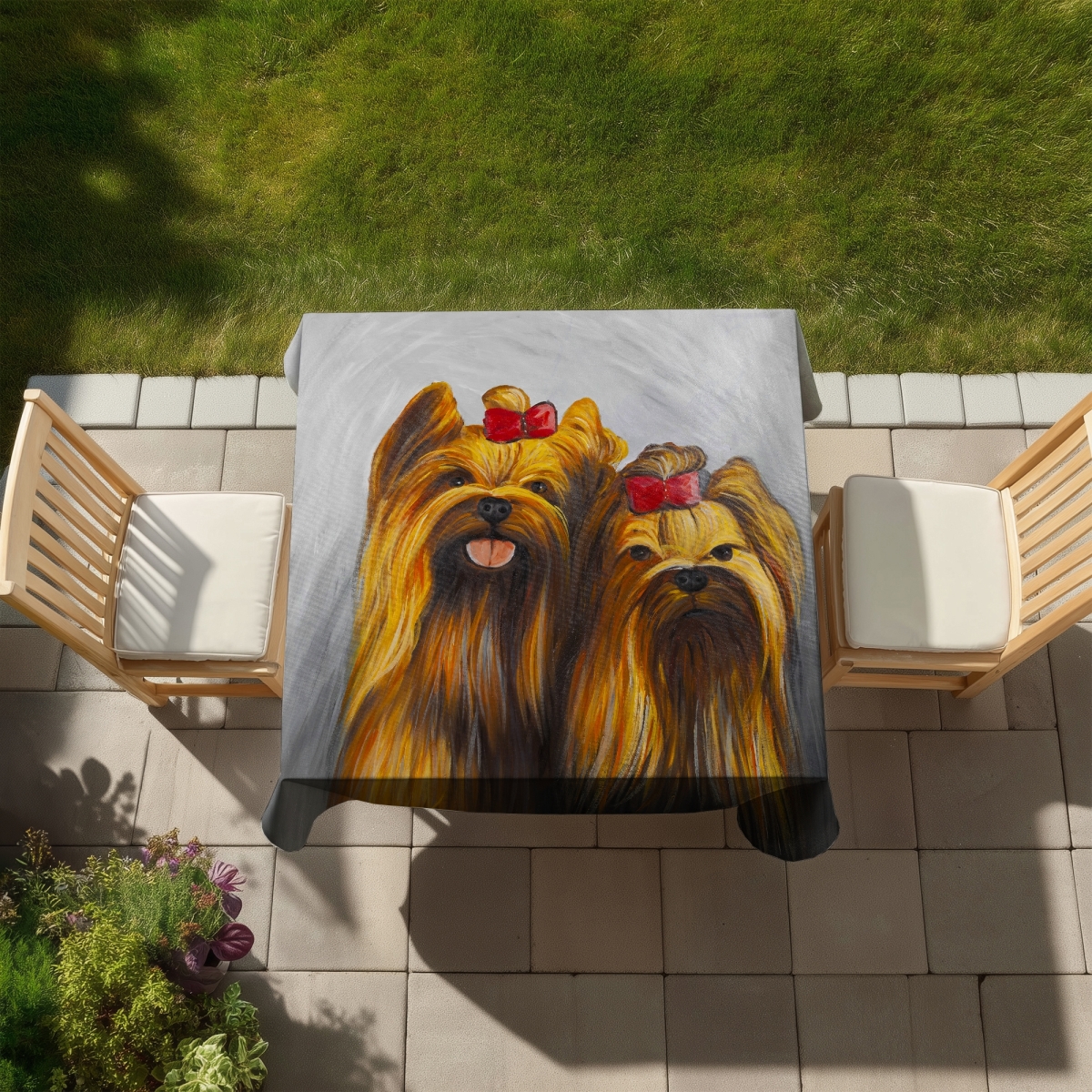 Picture of Begin Home Decor C1TC5858ONGCST 58 x 58 in. Two Dogs Bow Tie Tablecloth - Indoor & Outdoor Home Decor