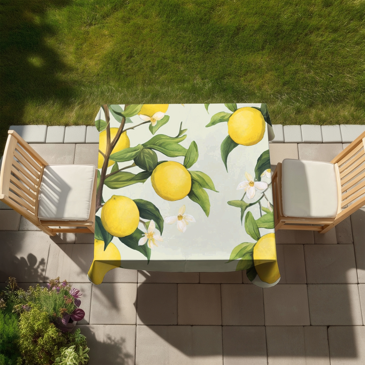 Picture of Begin Home Decor C1TC5858UE232A 58 x 58 in. Flowery Lemons White Abstract Tablecloth - Indoor & Outdoor Decor