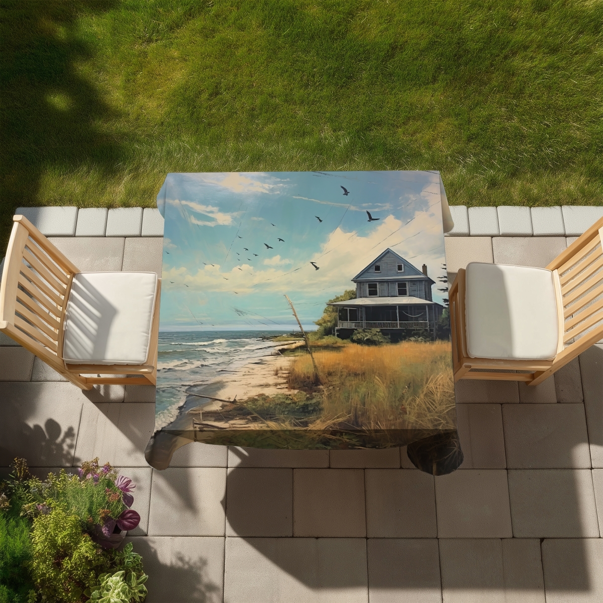 Picture of Begin Home Decor C1TC58588KZ7S4 58 x 58 in. Evening at the Beach Blue Sea Tablecloth - Indoor & Outdoor Decor