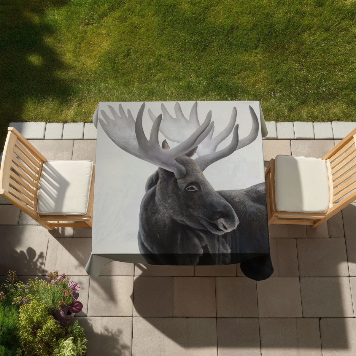 Picture of Begin Home Decor C1TC58586GOBTX 58 x 58 in. Rustic Brown Deer Tablecloth-Grayscale Moose Profile Decor
