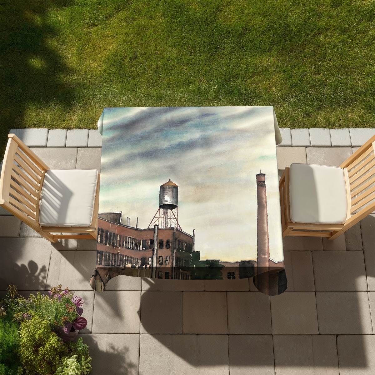 Picture of Begin Home Decor C1TC5858RKIVO2 58 x 58 in. Water Tower York Tablecloth - Indoor & Outdoor Blue Decor