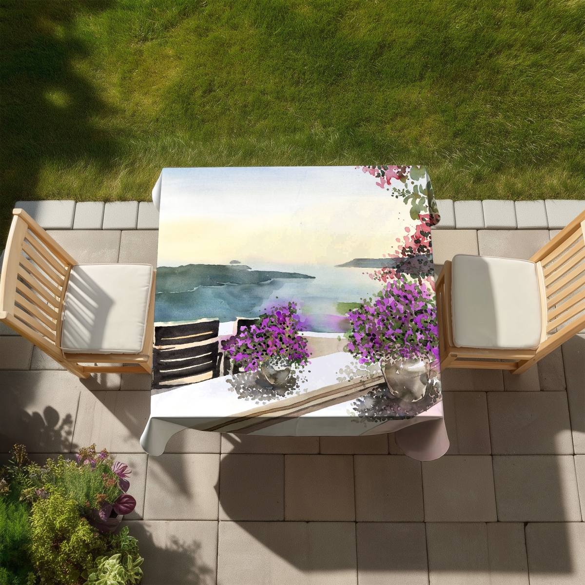 Picture of Begin Home Decor C1TC5858047V46 58 x 58 in. Mediterranean Sea View Coastal Tablecloth - Indoor & Outdoor Decor
