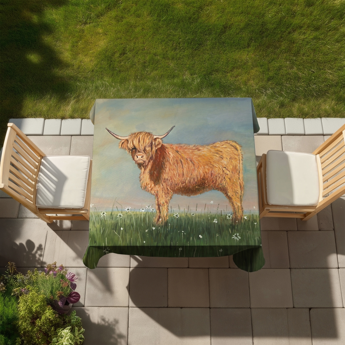 Picture of Begin Home Decor C1TC5858VAGU0P 58 x 58 in. Daisy the Highland Cow Tablecloth - Farm Animal Decor