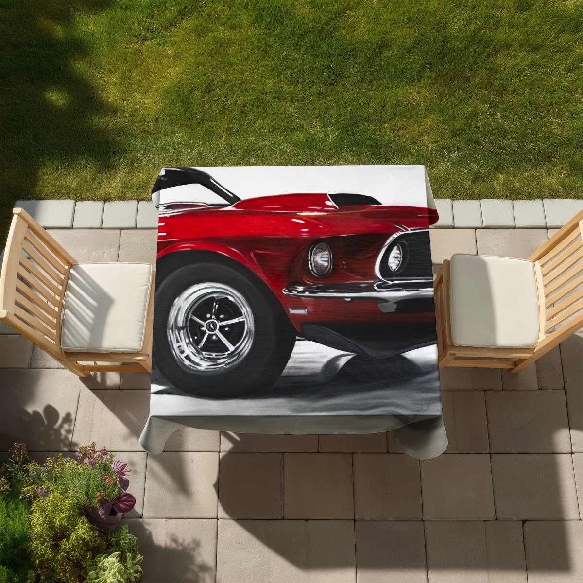 Picture of Begin Home Decor C1TC5858CSCYCS 58 x 58 in. Classic Red Car Tablecloth - Vintage Indoor & Outdoor Decor