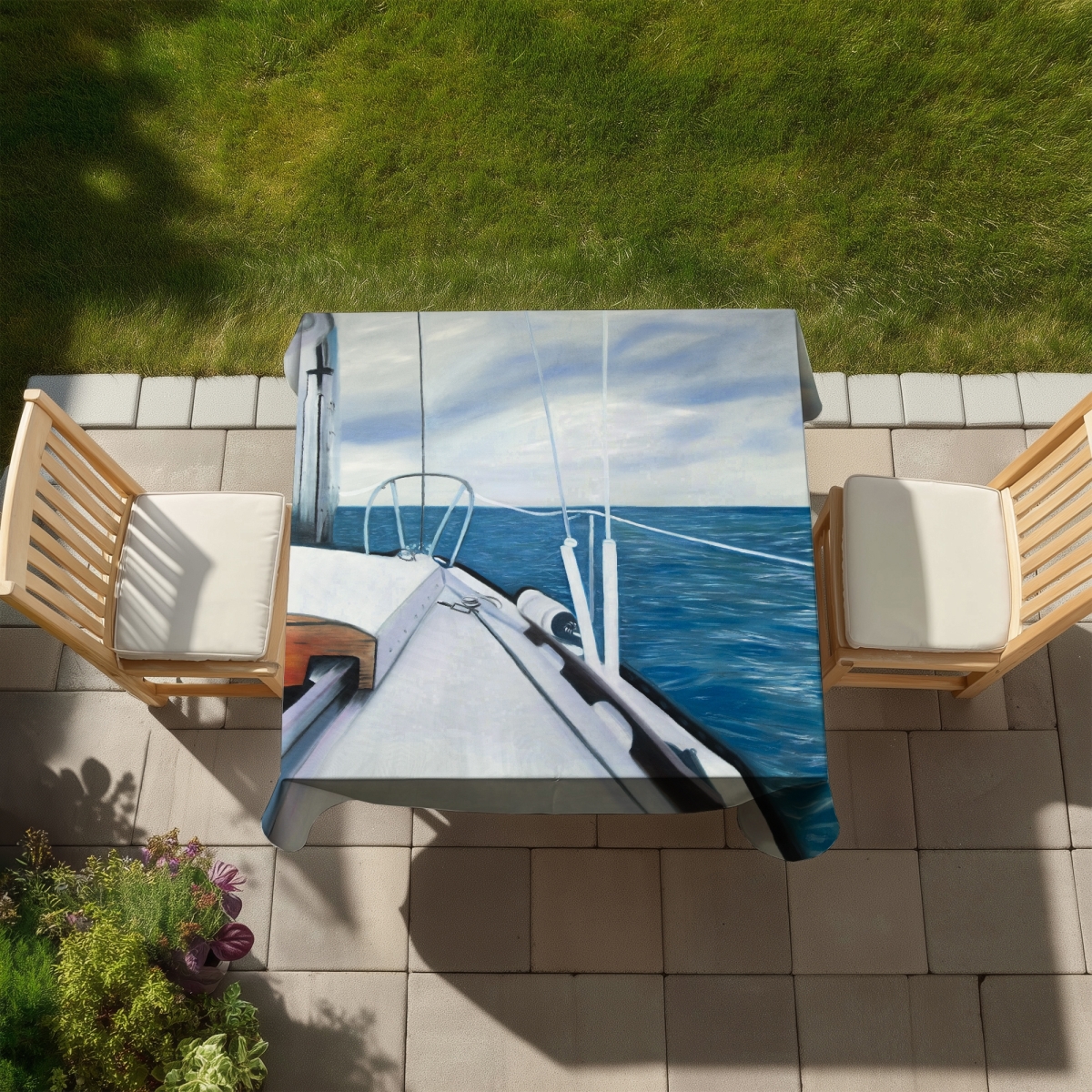 Picture of Begin Home Decor C1TC5858FMZHTB 58 x 58 in. Sail on the Water Tablecloth - Indoor Outdoor Home Decor