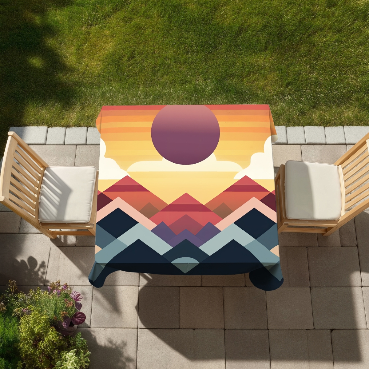 Picture of Begin Home Decor C1TC5858ZKZV6Q 58 x 58 in. Peace Mountain Shapes White Patterns Tablecloth - Indoor & Outdoor