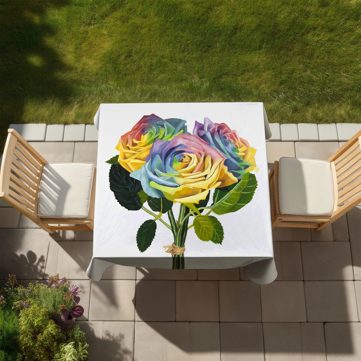Picture of Begin Home Decor C1TC5858VMRWWA 58 x 58 in. Yellow American Leaves Tablecloth - Bouquet of Rainbow Roses