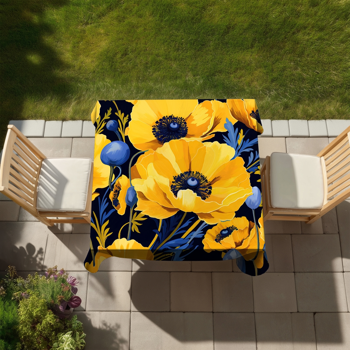 Picture of Begin Home Decor C1TC5858KLZX0K 58 x 58 in. Blue Floral Botanical Tablecloth - Yellow & Blue Home Decor