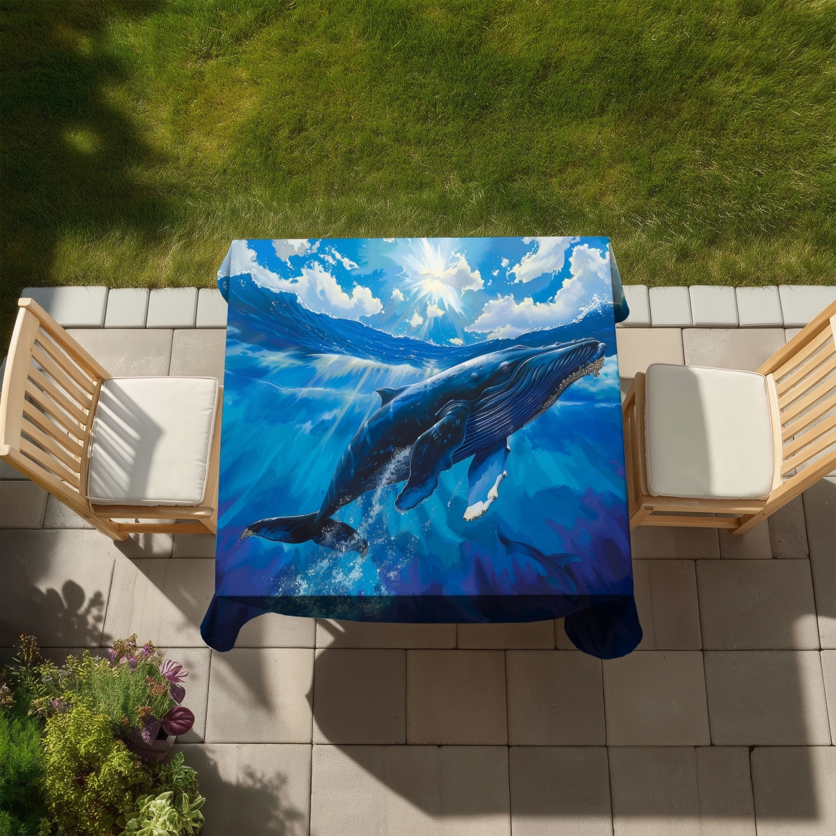 Picture of Begin Home Decor C1TC58586KFBNJ 58 x 58 in. Swimming Whale Tablecloth - Indoor Outdoor Home Decor