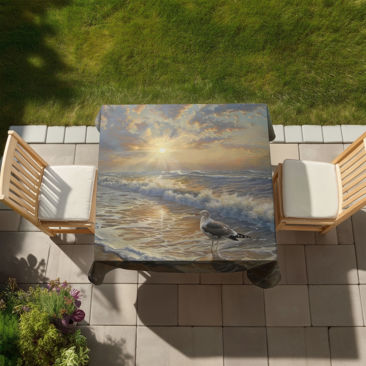 Picture of Begin Home Decor C1TC5858OPG2HY 58 x 58 in. Seagull on the Beach Tablecloth - Indoor Outdoor Home Decor