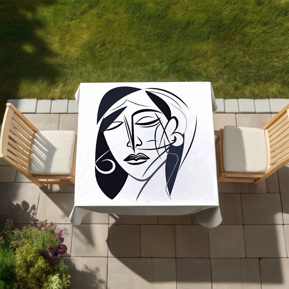 Picture of Begin Home Decor C1TC5858U43OEL 58 x 58 in. Abstract Face White Tablecloth - Indoor & Outdoor Home Decor