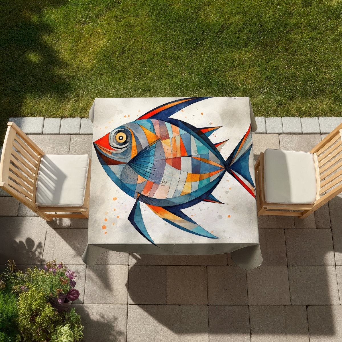 Picture of Begin Home Decor C1TC5858F6WX5W 58 x 58 in. Geometric Fish Tablecloth - Abstract Aquatic Minimalist Decor