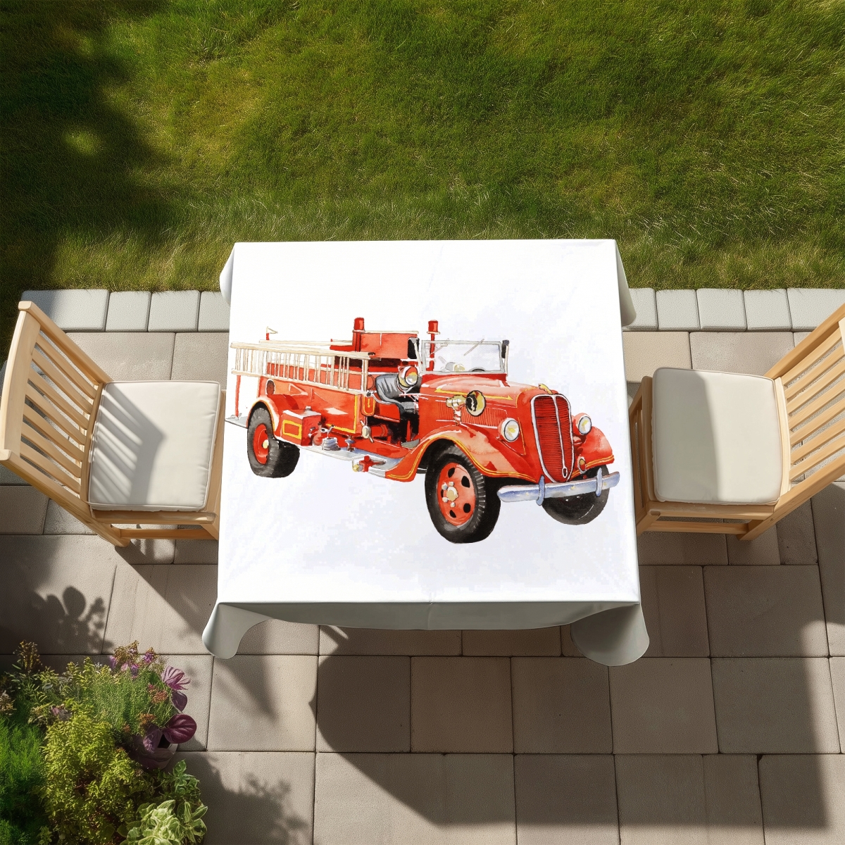 Picture of Begin Home Decor C1TC5858A4QBWK 58 x 58 in. Vintage Fire Truck Tablecloth - Car Transport Decor - Indoor & Outdoor