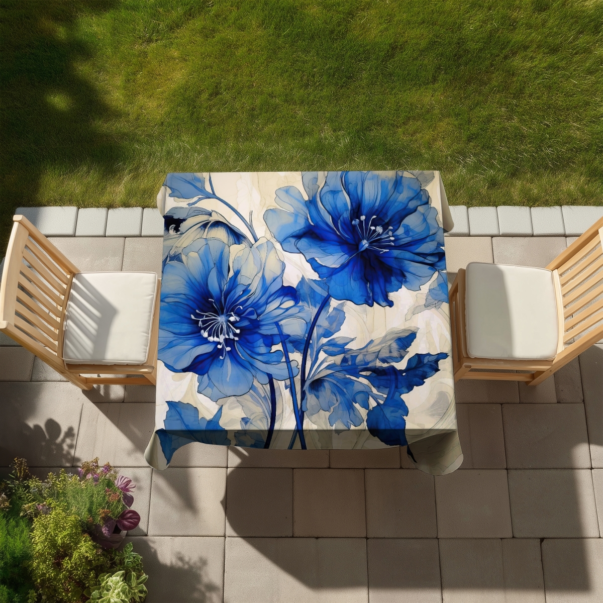 Picture of Begin Home Decor C1TC58589H20CE 58 x 58 in. Blue Flowers Tablecloth - Indoor & Outdoor Contemporary Decor