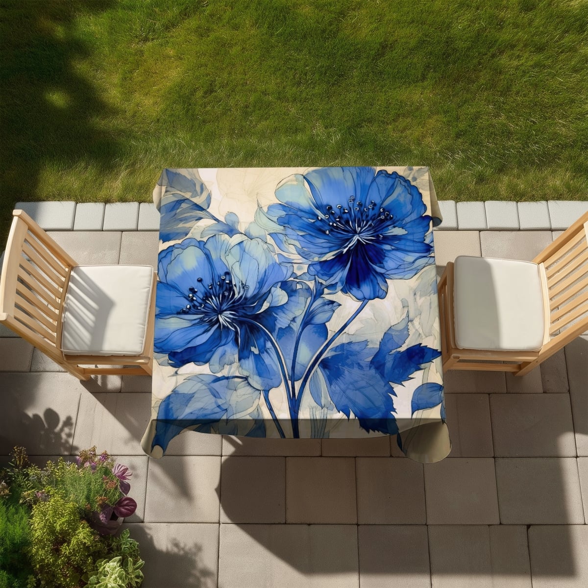 Picture of Begin Home Decor C1TC5858NK5D7W 58 x 58 in. Marine Flowers Tablecloth - Blue Abstract Floral Decor