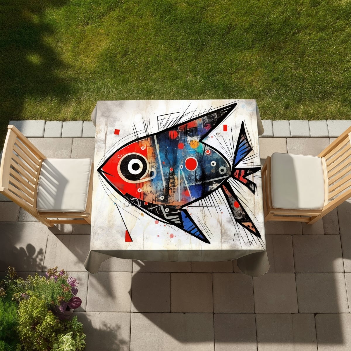 Picture of Begin Home Decor C1TC58580CLJ9I 58 x 58 in. Fish Gaze Blue Minimalist Tablecloth - Indoor & Outdoor Decor