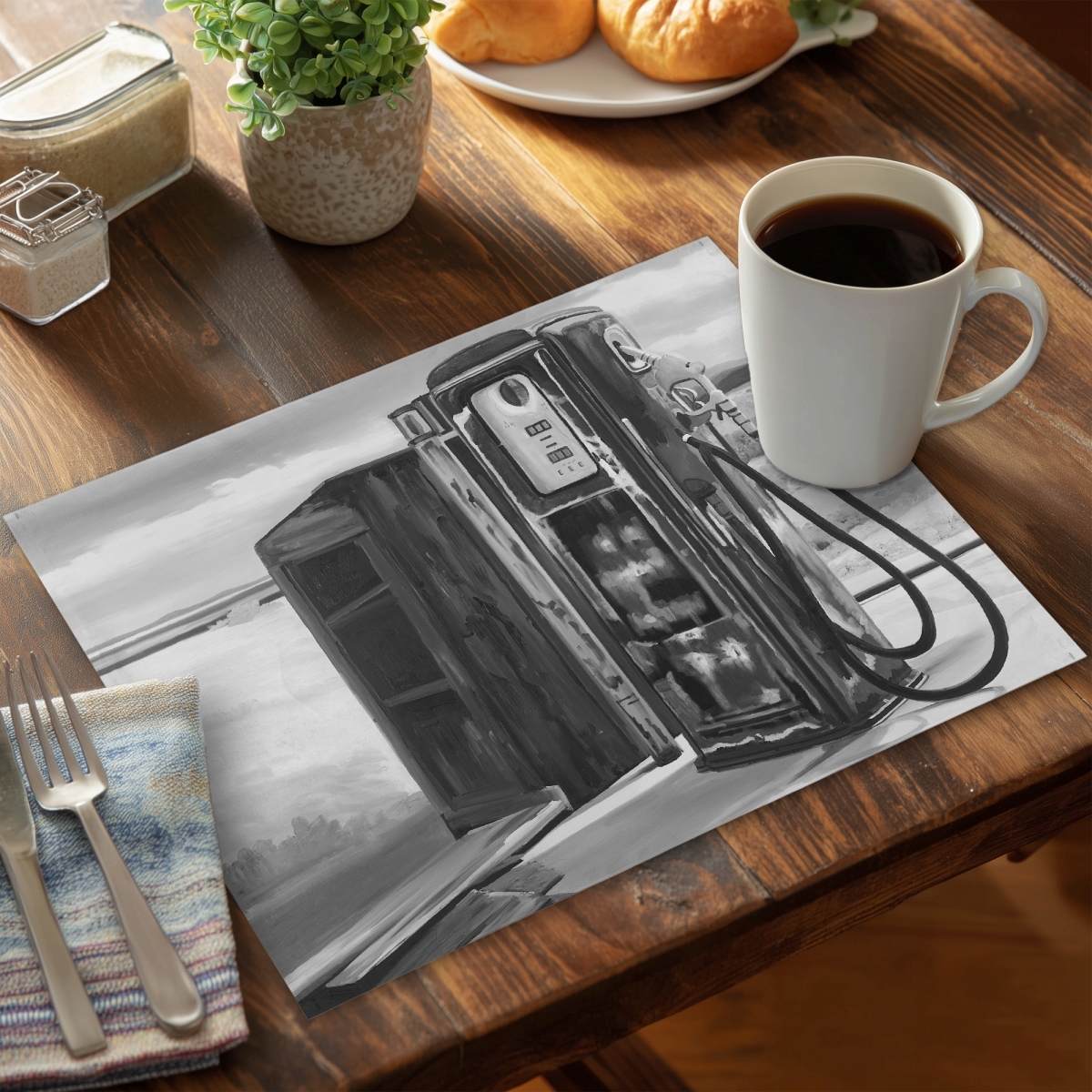 Picture of Begin Home Decor CPPM1418A6LAPF 14 x 18 in. Old Gas Pump Monochrome Car White Polyester Placemat Decor