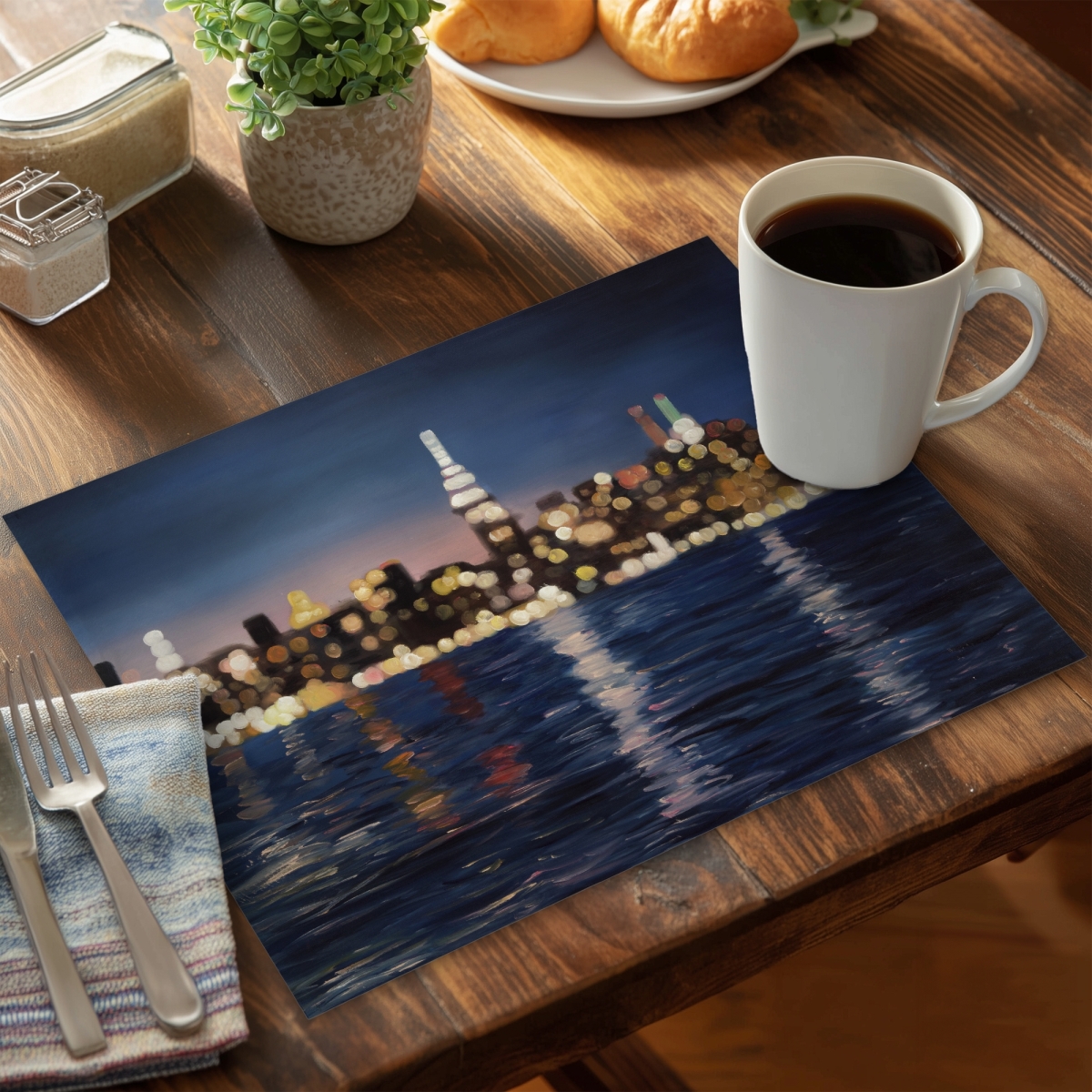 Picture of Begin Home Decor CPPM1418J5BZ74 14 x 18 in. Blue Polyester Placemat - Blurry City with Water by Night Decor