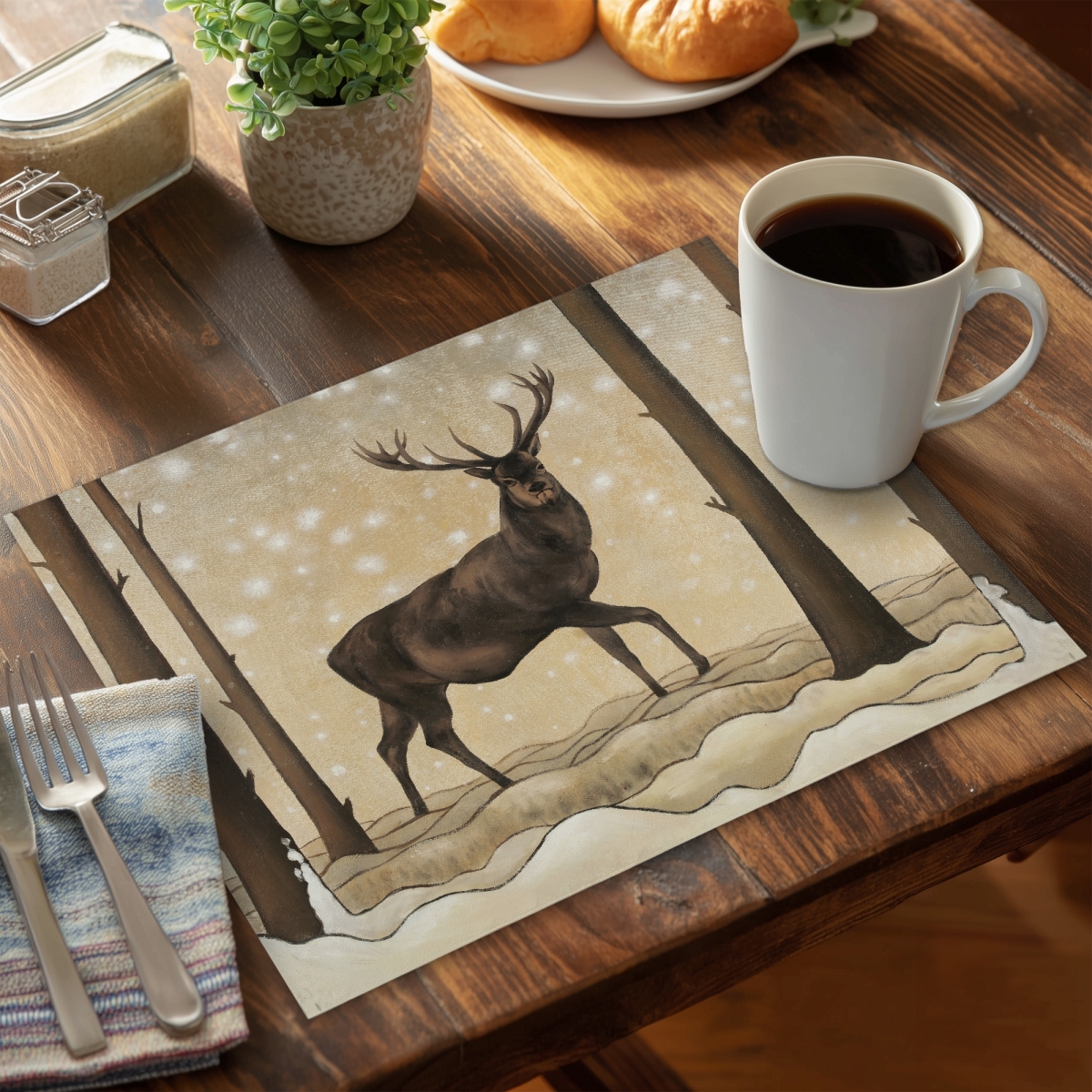 Picture of Begin Home Decor CPPM14183GZBN3 14 x 18 in. Brown Deer Rustic Placemat - Roe Deer Winter Home Decor