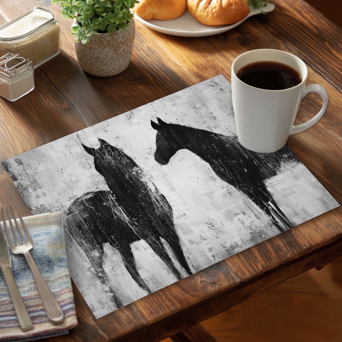 Picture of Begin Home Decor CPPM1418K5LBQS 14 x 18 in. Black & White Horses Placemat - Polyester Home Decor