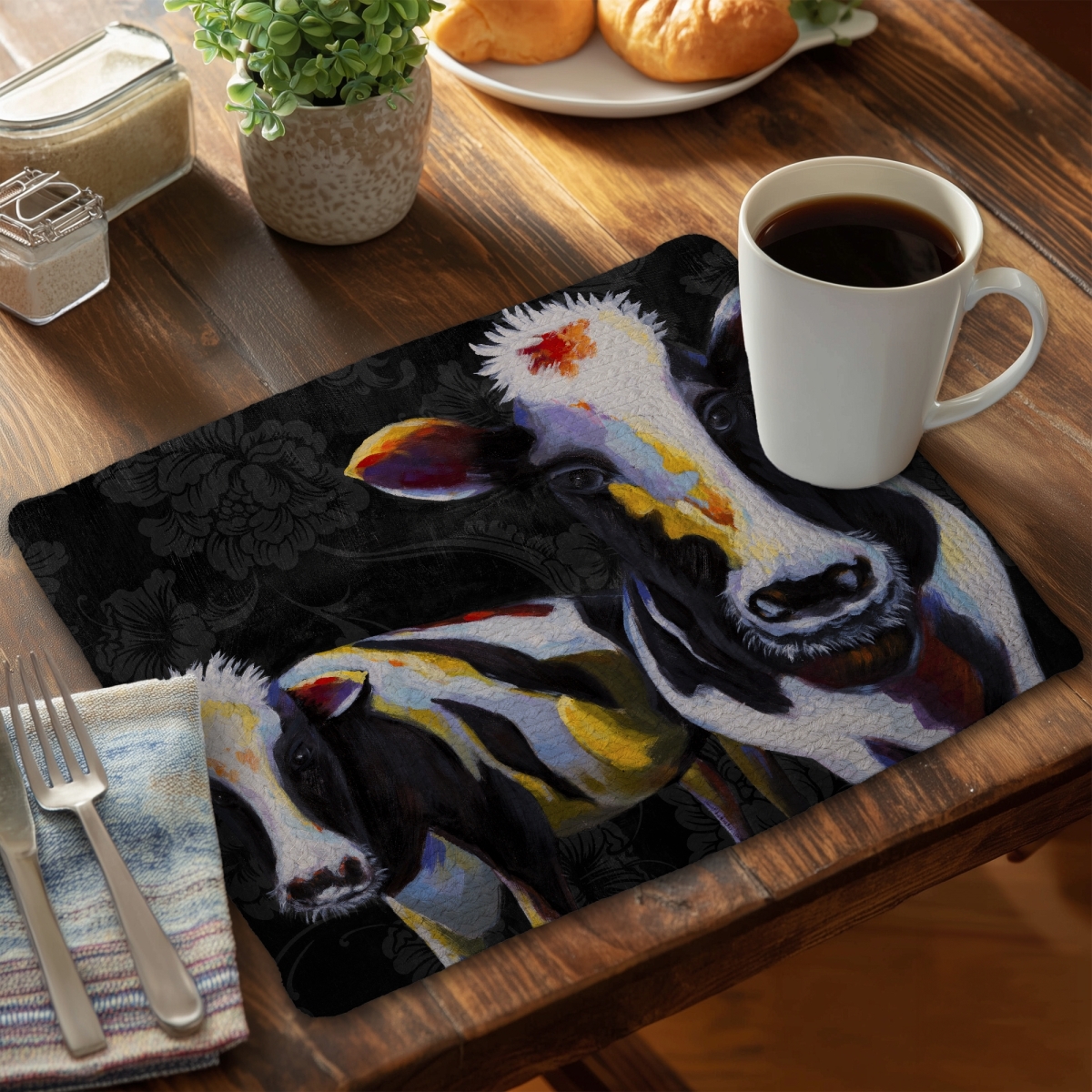 Picture of Begin Home Decor C4BP1418Z796QN 14 x 18 in. Two Funny Cows Victorian Braided Polyester Placemat - Decor - Set of 4
