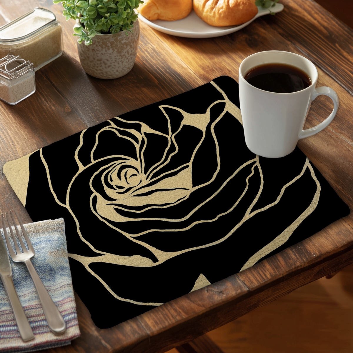 Picture of Begin Home Decor CBPM1418JLILJM 14 x 18 in. Silhouette of A Rose Black Bedroom Braided Placemat - Home Decor