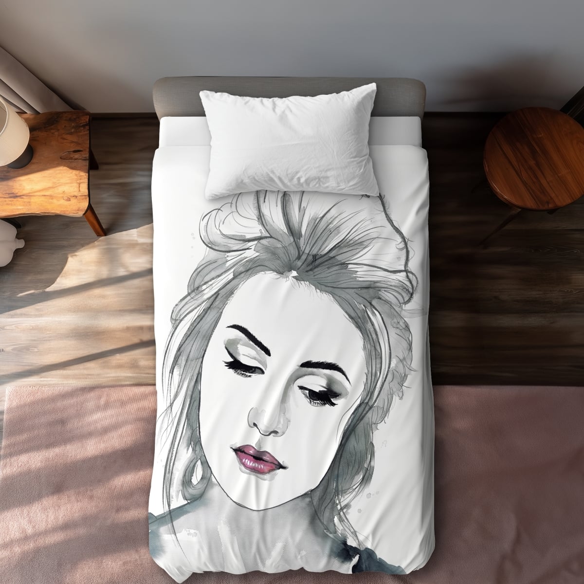 C1DCTXLWPI0BC4 Watercolor Delicate Woman Twin Size Extra Long Duvet Cover - White Bohemian Decor