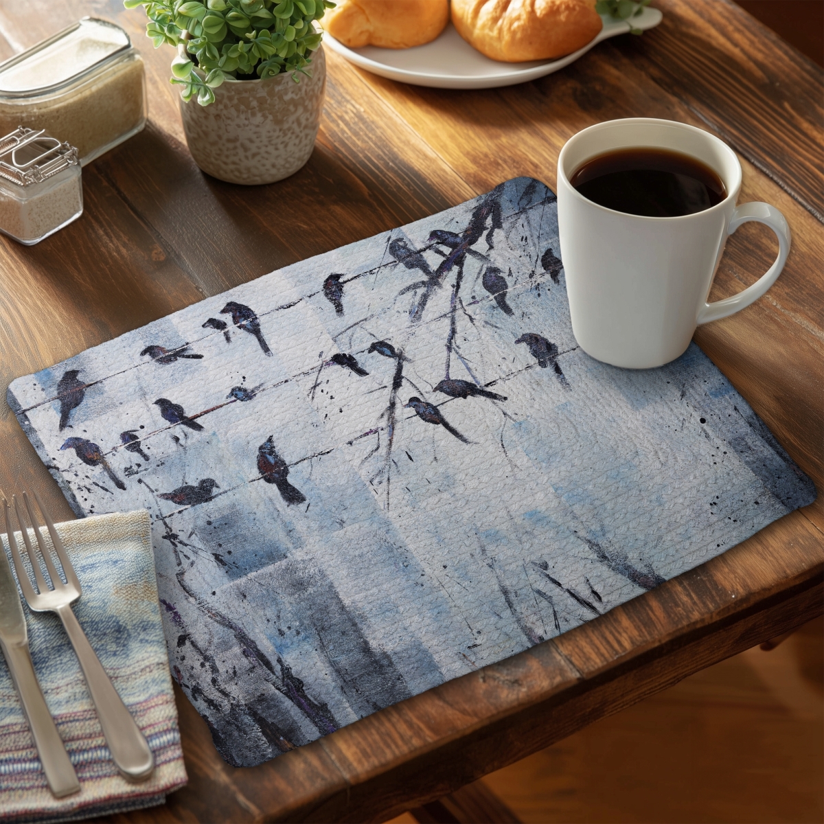 Picture of Begin Home Decor CBPM14187X79AE 14 x 18 in. Contemporary Blue Bird Placemat - Abstract Birds on Wire Decor
