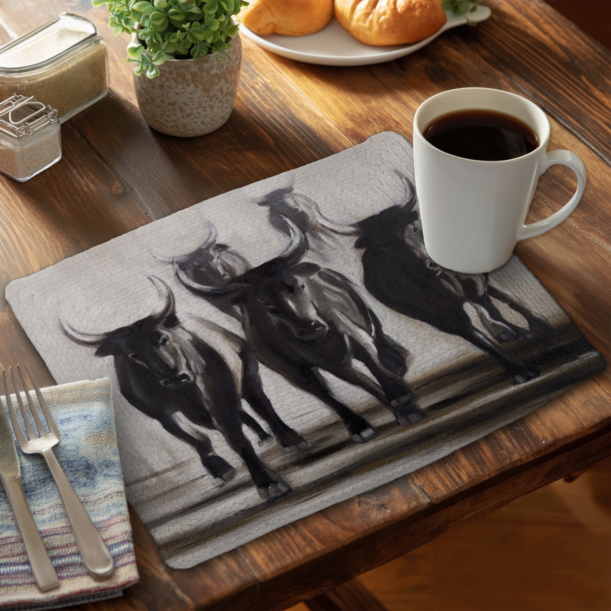 Picture of Begin Home Decor CBPM1418YFY6I1 14 x 18 in. Running Fierce Bulls Farm Animals Braided Placemat - Home Decor