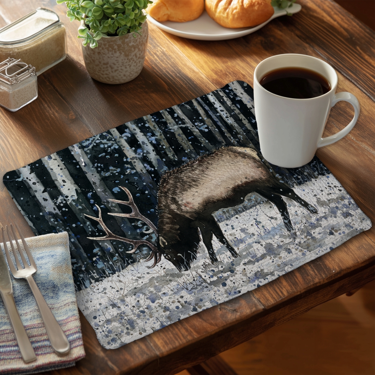 Picture of Begin Home Decor C4BP1418IZ7VMG 14 x 18 in. Caribou in the Winter Forest Braided Polyester Placemat - Home Decor - Set of 4