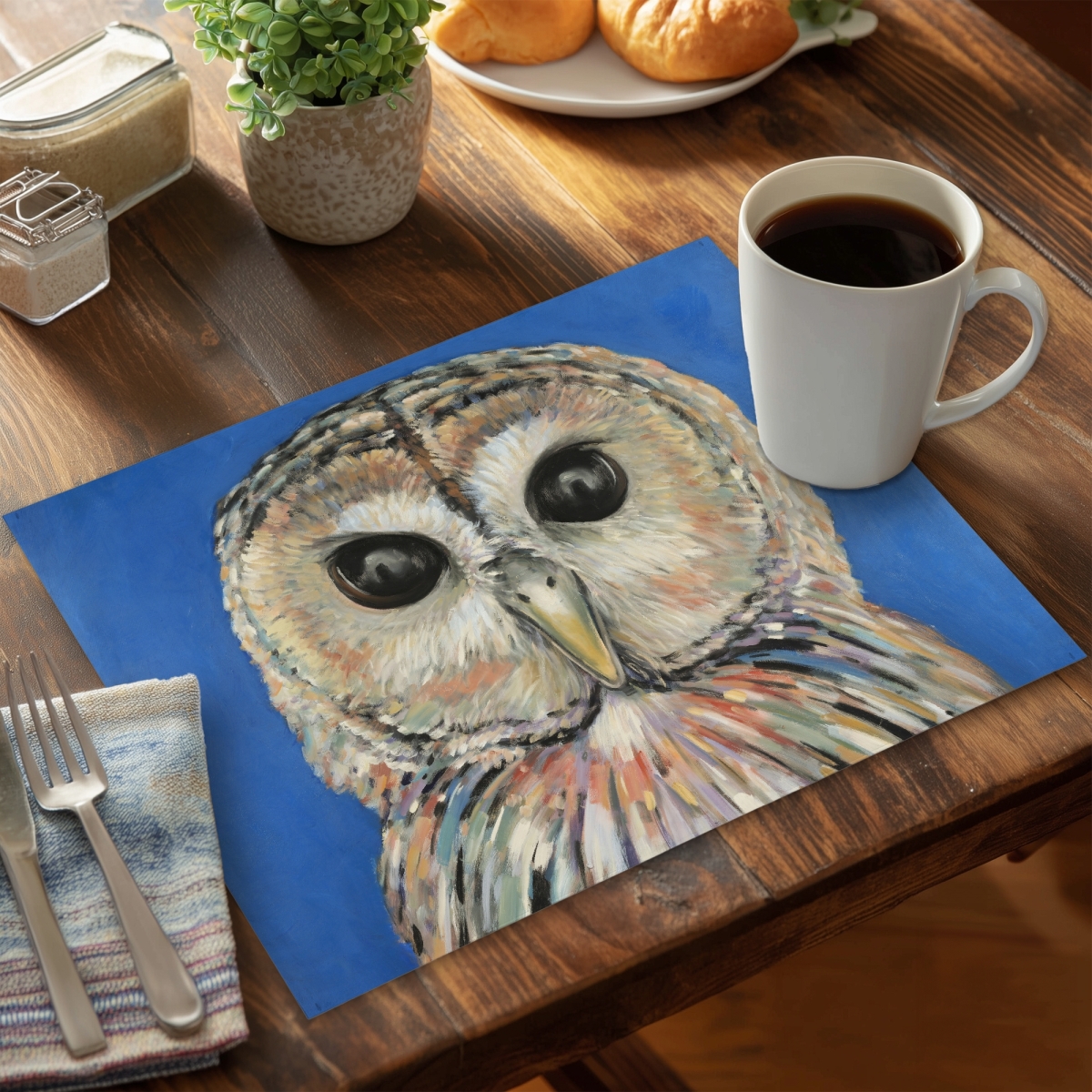 Picture of Begin Home Decor CPPM1418KI8QWC 14 x 18 in. Colorful Spotted Owl Polyester Placemat - Bird Blue Home Decor