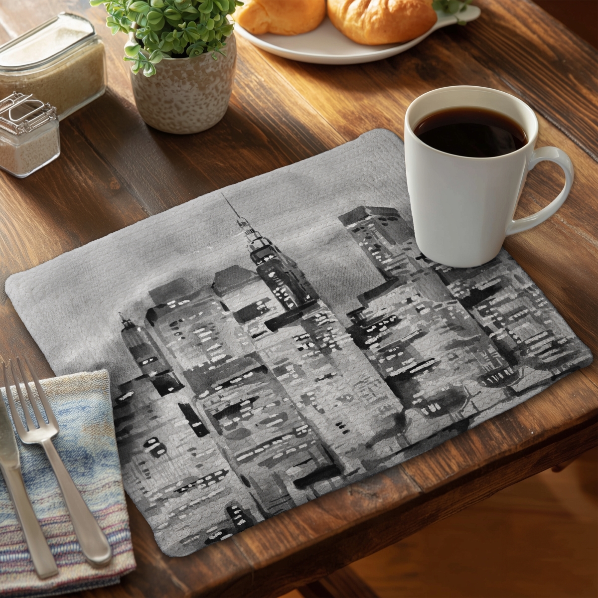Picture of Begin Home Decor CBPM1418WVZEF9 14 x 18 in. Industrial Cities Gray Braided Placemat - Watercolor Cityscape