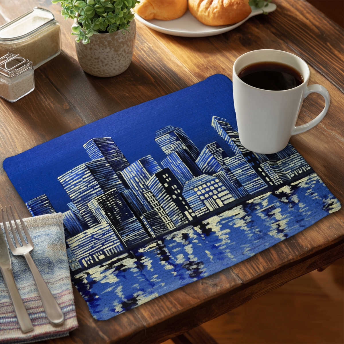 Picture of Begin Home Decor C4BP1418IERV7M 14 x 18 in. City in Blue - Braided Polyester Placemat for Home Decor - Set of 4