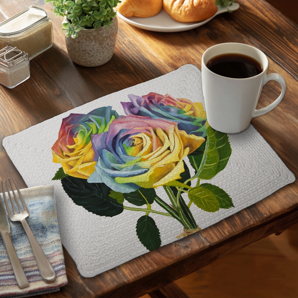 Picture of Begin Home Decor C4BP1418IMAJAA 14 x 18 in. Bouquet of Rainbow Roses - Braided Polyester Placemat - Home Decor - Set of 4