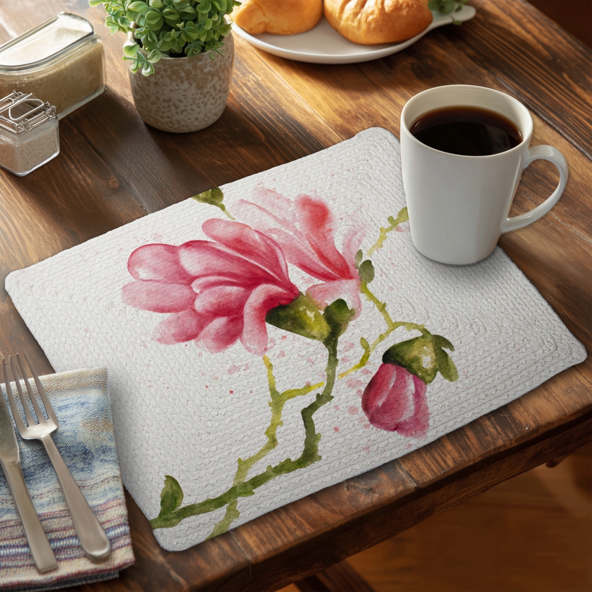 Picture of Begin Home Decor CBPM1418WLY91Q 14 x 18 in. Pink Magnolia Floral Braided Placemat - Botanical Home Decor