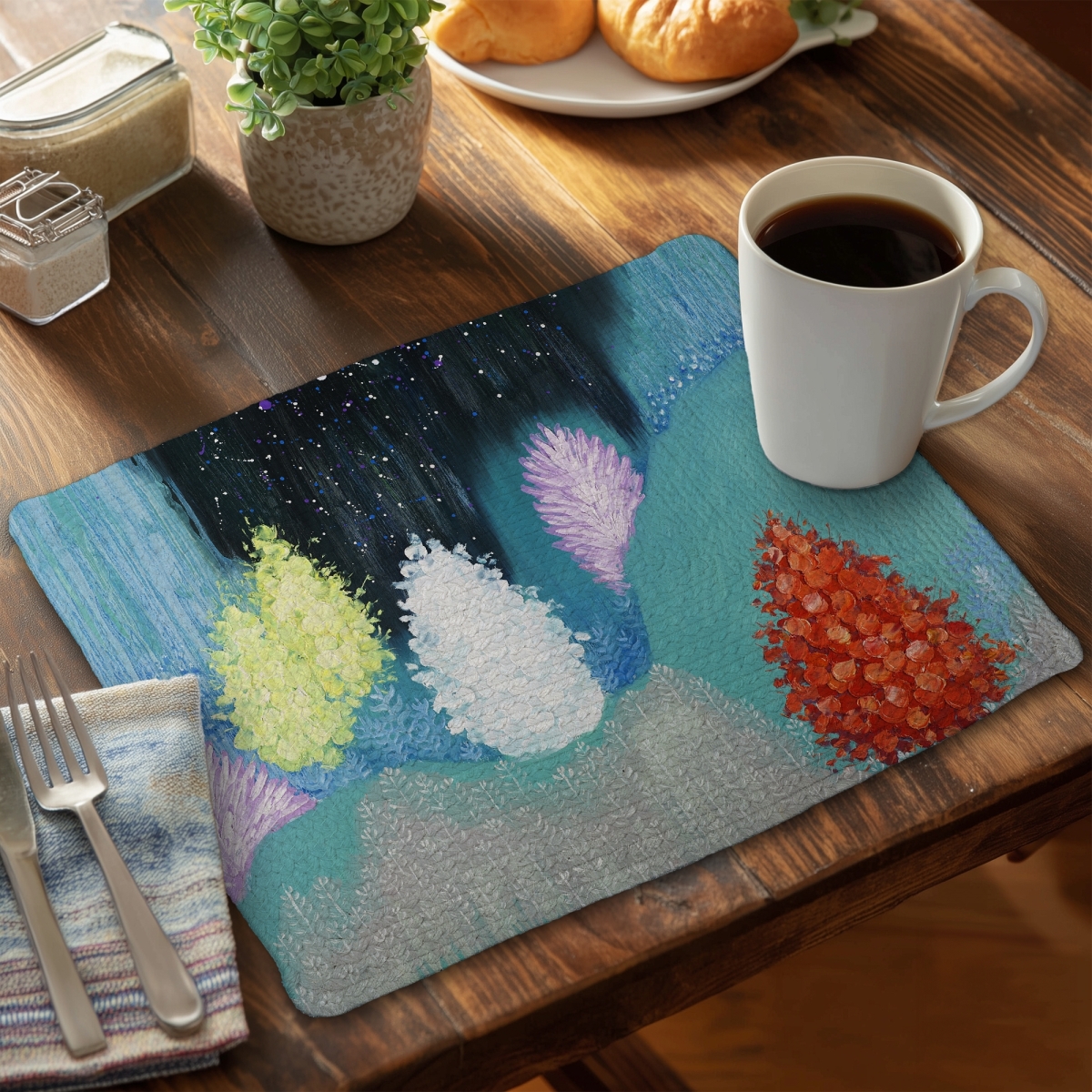 Picture of Begin Home Decor CBPM1418WO9DTK 14 x 18 in. Mysterious Colorful Forest Blue Polyester Placemat - Home Decor
